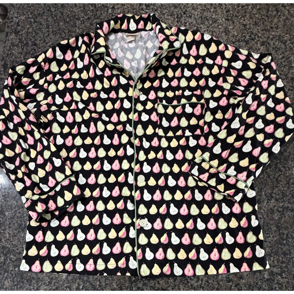 BedHead Pajamas Womens M Pear Print Button Down Long Sleeve‎ Pajama Top Black